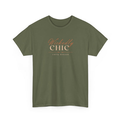 Green Wickedly Chic Graphic T-Shirt featuring elegant copper-colored script lettering, cream CHIC typography, and subtle CHTQ Design detailing on the front. Front view on a white background.