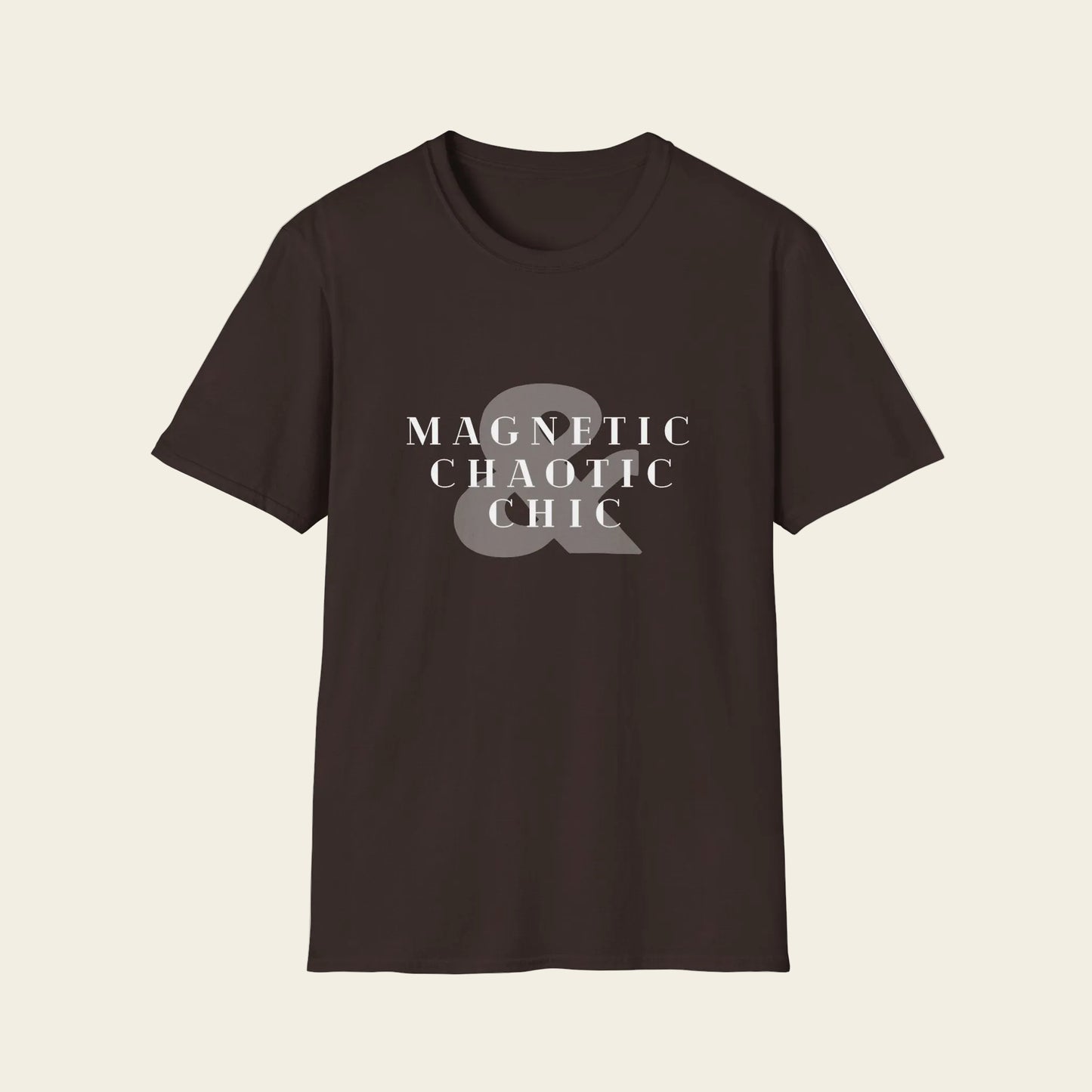 Brown t-shirt with a mole in a beaker graphic and 'Magnetic Chaotic Chic' text on a white background
