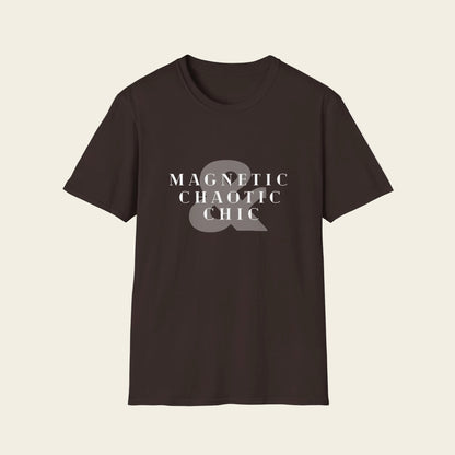 Brown t-shirt with a mole in a beaker graphic and 'Magnetic Chaotic Chic' text on a white background
