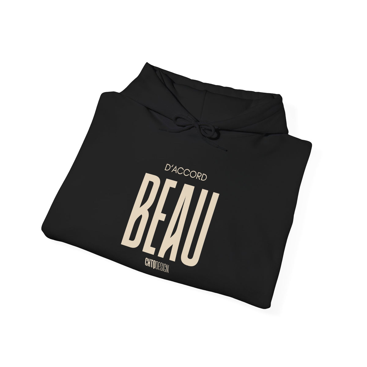 Folded black D'Accord BEAU hoodie with mathematical symbols and text on a white background
