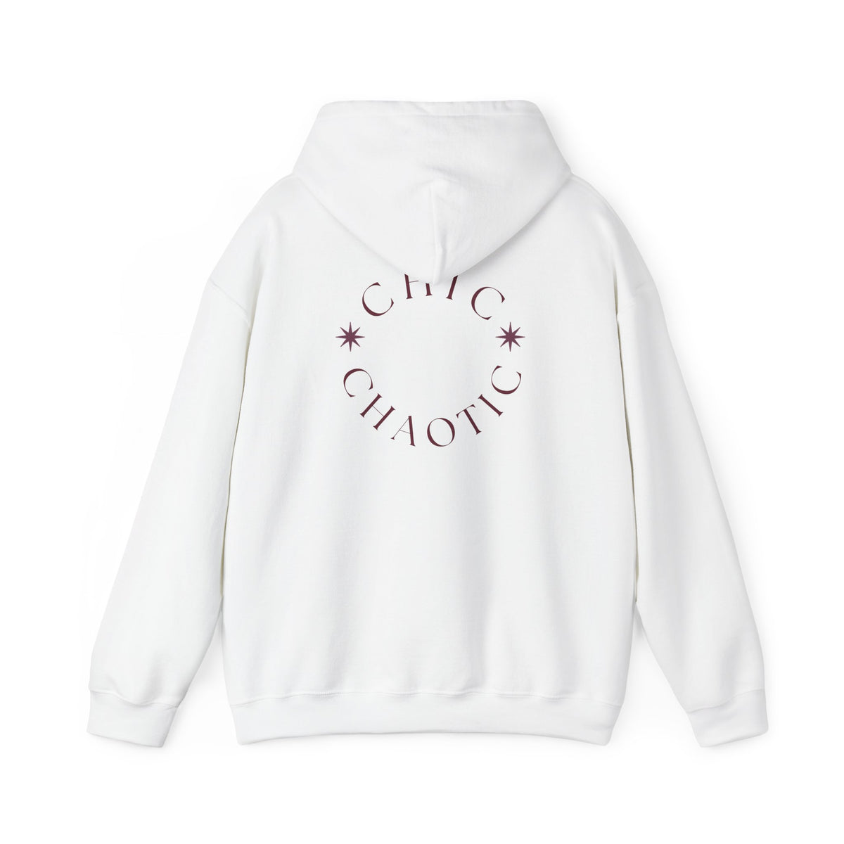 A white pullover hoodie shown from the back, featuring a circular graphic with the text 'CHIC CHAOTIC' and small star accents in a muted plum-brown color.