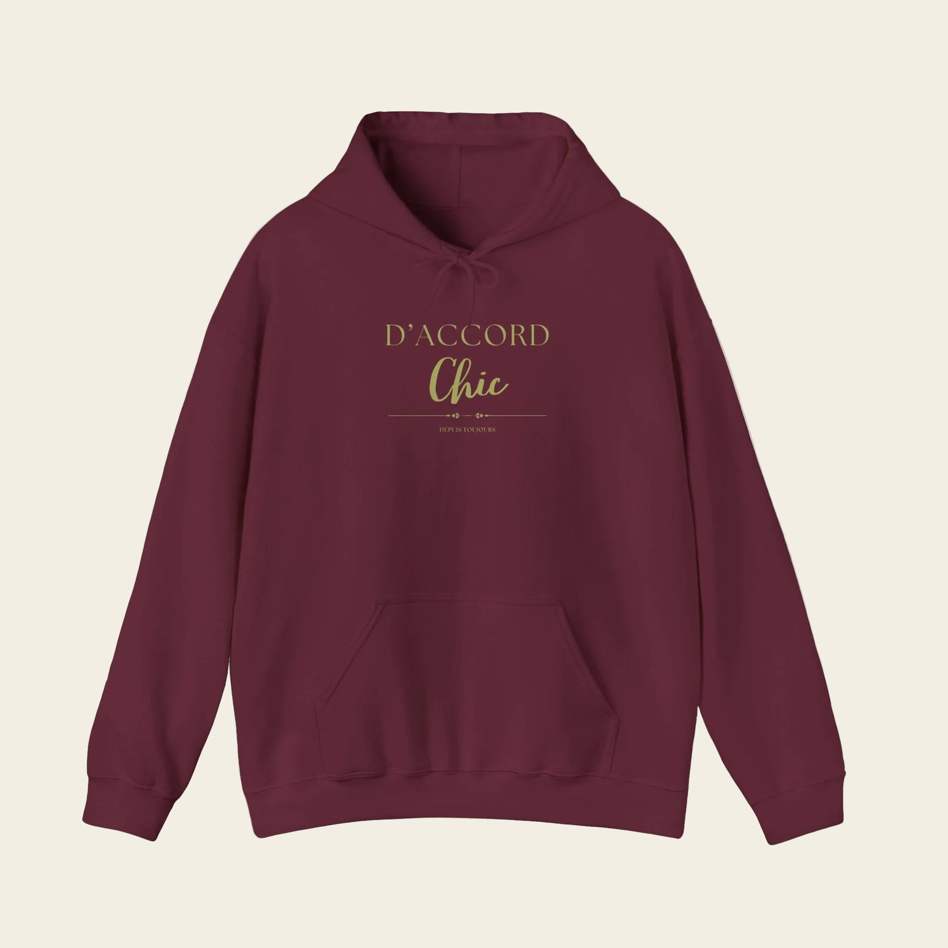 Maroon hoodie with 'D'ACCORD Chic' text on background