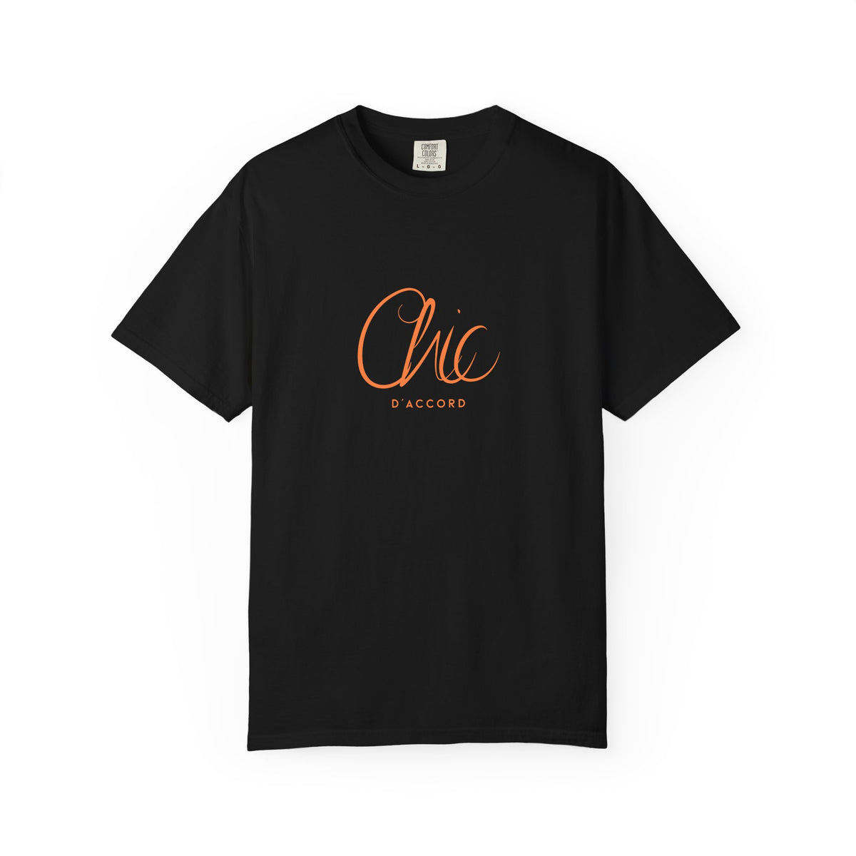 A black short-sleeve T-shirt featuring a orange “Chic D’Accord” graphic on the chest, displayed against a clean white background.