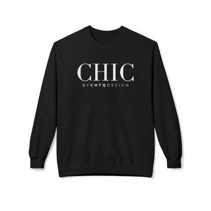Black CHIC by CHTQ Design crewneck sweatshirt with white typography on the front.