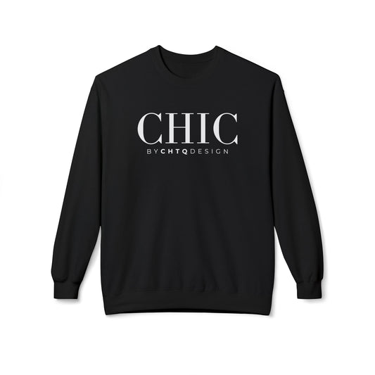Black CHIC by CHTQ Design crewneck sweatshirt with white typography on the front.