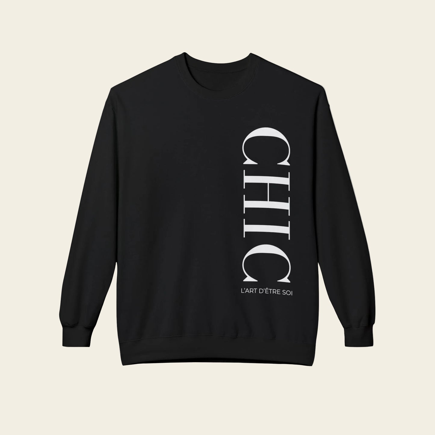 A black crewneck sweatshirt with a vertical white graphic print reading 'CHIC' and 'L'ART D'ETRE SCHIC' on the front, displayed against a solid white background.