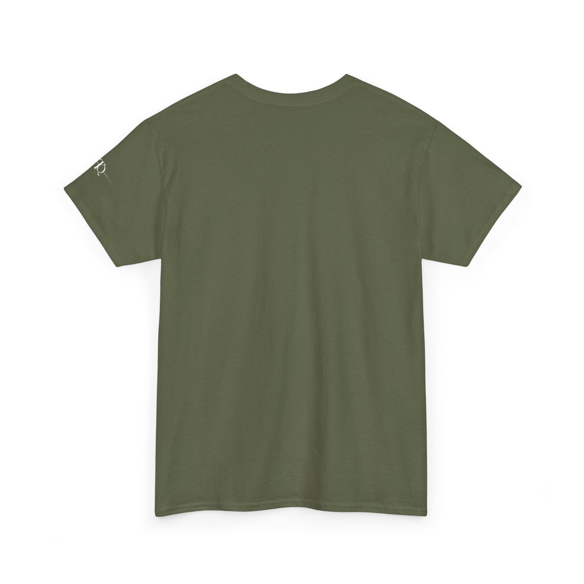 Back view of military green CHAOTIQUE graphic T-shirt showing the plain back and classic crewneck design.