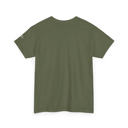 Back view of military green CHAOTIQUE graphic T-shirt showing the plain back and classic crewneck design.