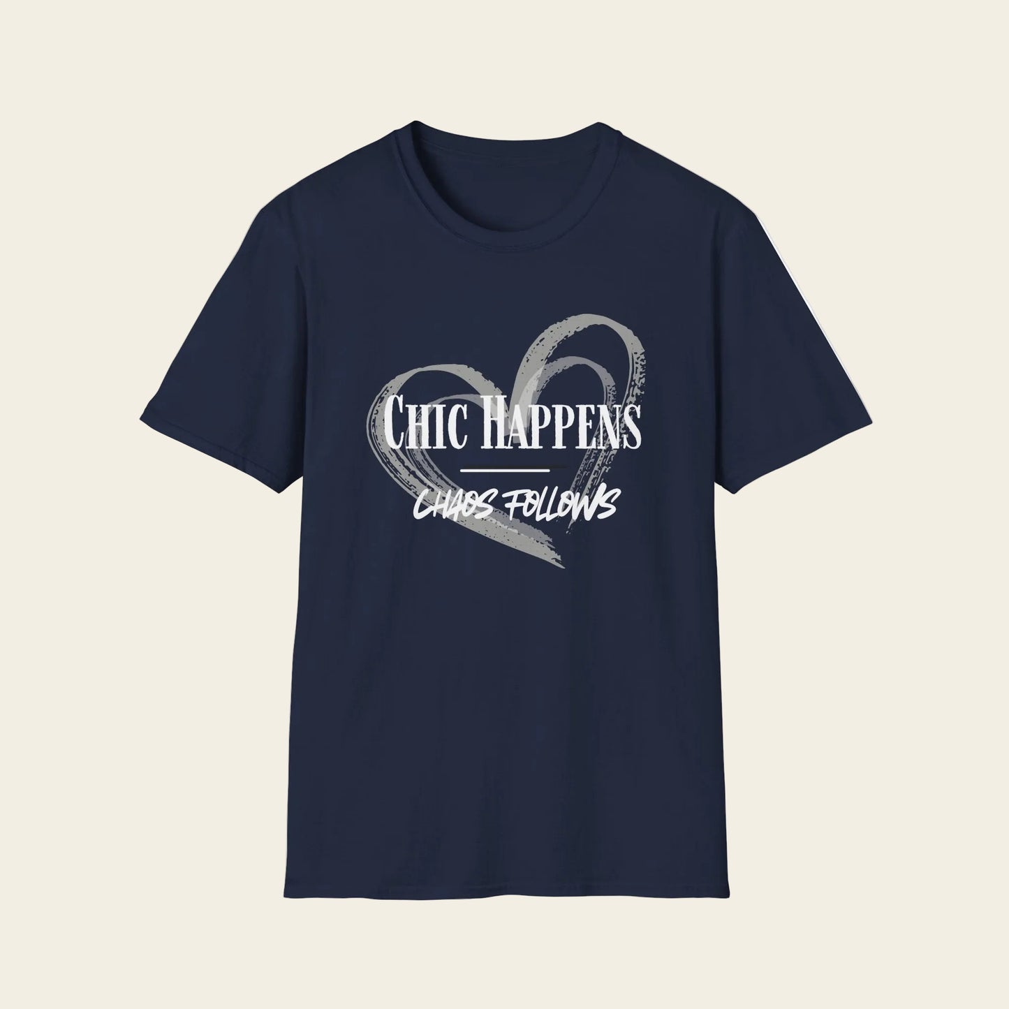 Navy blue t-shirt with white text on a white background
