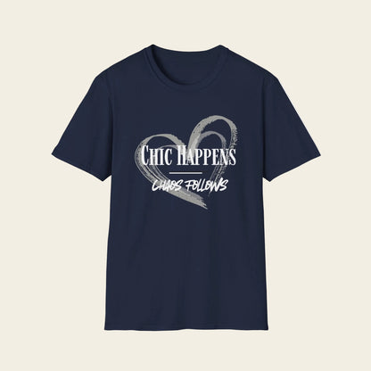 Navy blue t-shirt with white text on a white background