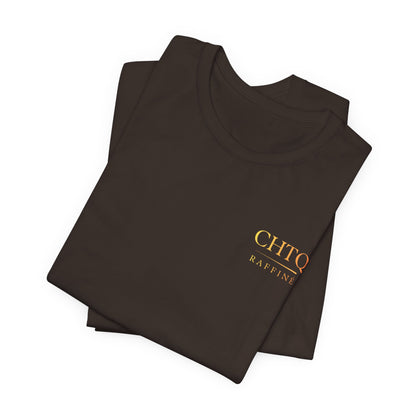 Folded brown t-shirt with a gold logo on a white background