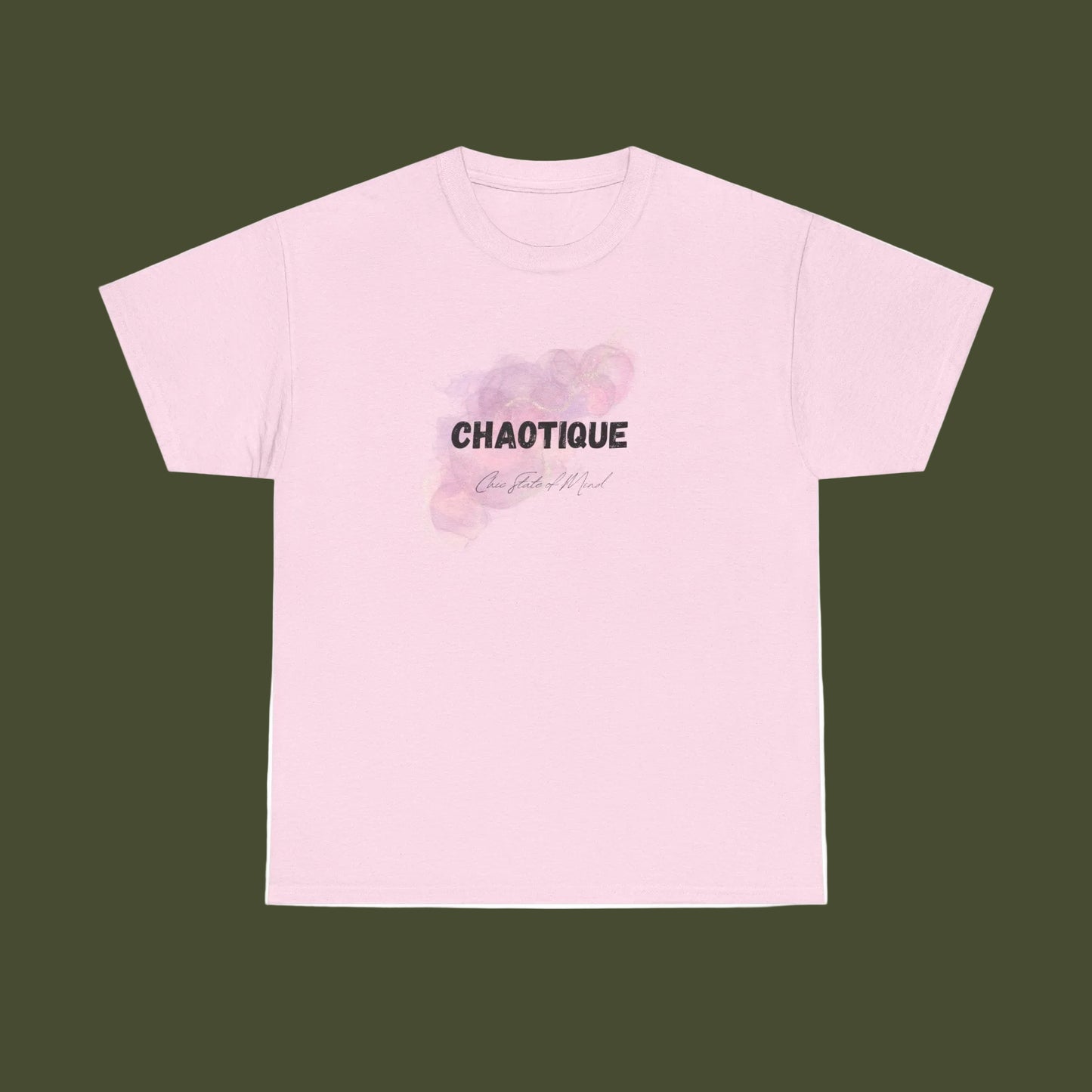 Pink t-shirt with 'CHAOTIQUE Chic state of mind' text and graphic on a white background