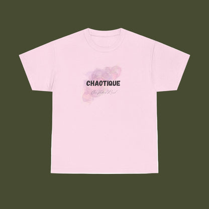 Pink t-shirt with 'CHAOTIQUE Chic state of mind' text and graphic on a white background
