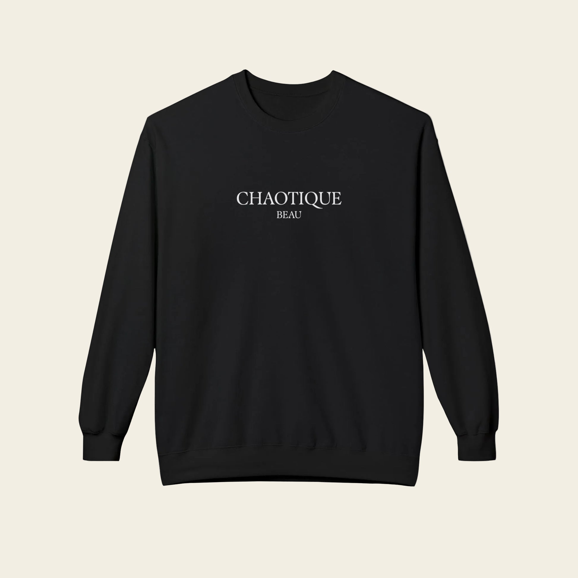 Black sweatshirt with a small logo on the chest against a white background