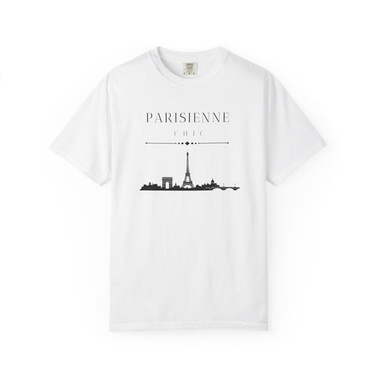 A white short-sleeve crewneck t-shirt featuring a black graphic print of the Paris skyline with the text 'PARISIENNE CHIC' above it, displayed on a clean white background.