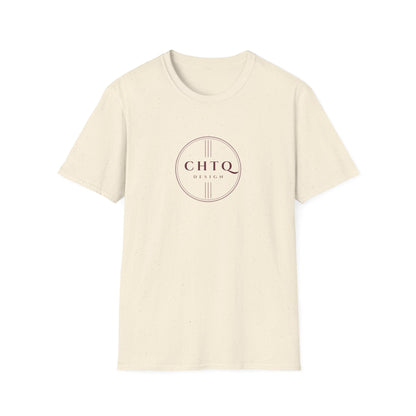 Light beige men’s graphic T-shirt featuring a rose gold CHTQ Design circle logo on the front, displayed against a white background.