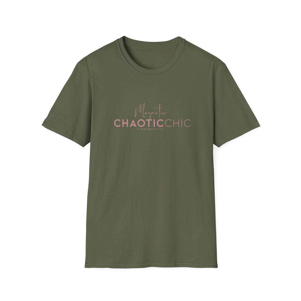 A green short-sleeve graphic T-shirt with 'Magnetic Chaotic Chic' printed in pink across the chest, displayed against a plain white background.