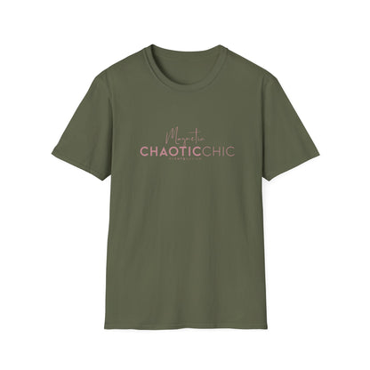 A green short-sleeve graphic T-shirt with 'Magnetic Chaotic Chic' printed in pink across the chest, displayed against a plain white background.