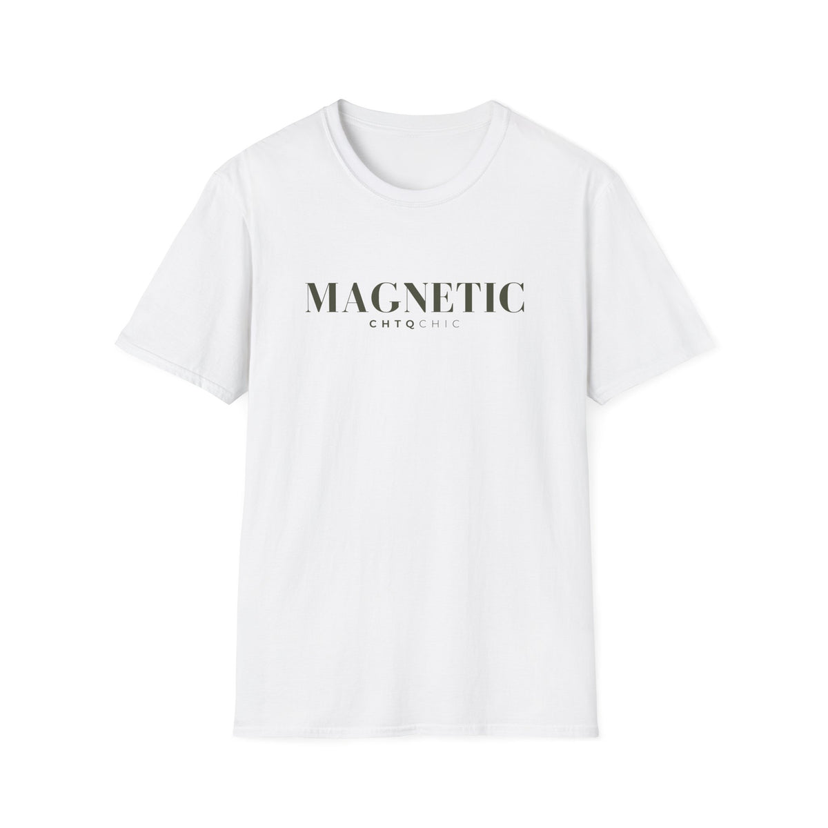 A white short-sleeve graphic T-shirt featuring green 'MAGNETIC' text with smaller 'CHTQ CHIC' lettering underneath, displayed against a clean white background.