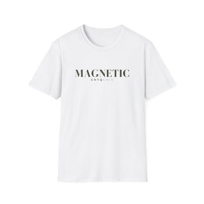 A white short-sleeve graphic T-shirt featuring green 'MAGNETIC' text with smaller 'CHTQ CHIC' lettering underneath, displayed against a clean white background.