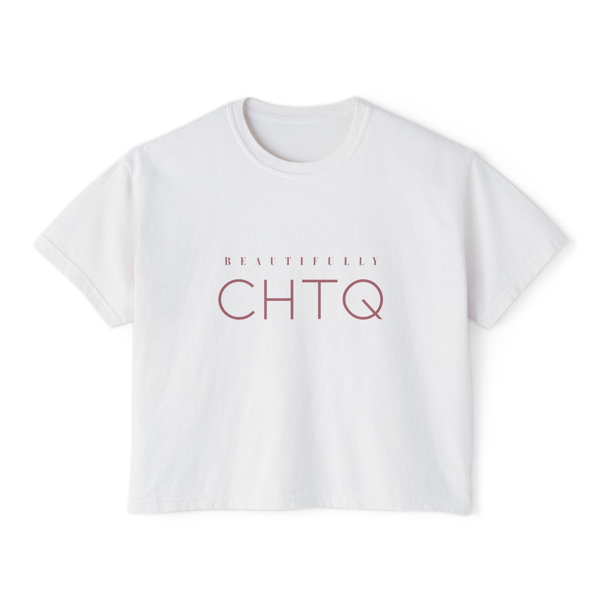 White BEAUTIFULLY CHTQ boxy graphic T-shirt with dusty rose typography on the front.