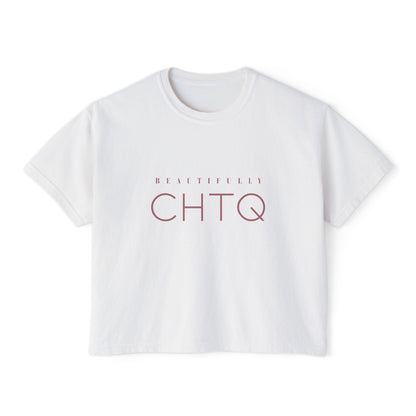 White BEAUTIFULLY CHTQ boxy graphic T-shirt with dusty rose typography on the front.