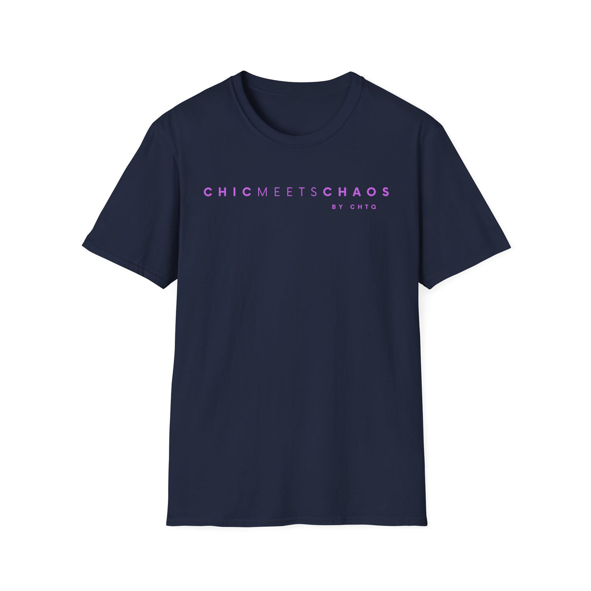 Navy blue CHICMEETSCHAOS graphic T-shirt with purple typography and BY CHTQ detail on the chest.