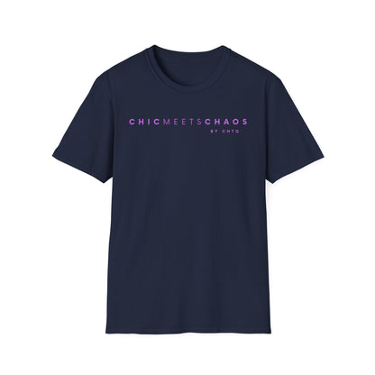 Navy blue CHICMEETSCHAOS graphic T-shirt with purple typography and BY CHTQ detail on the chest.