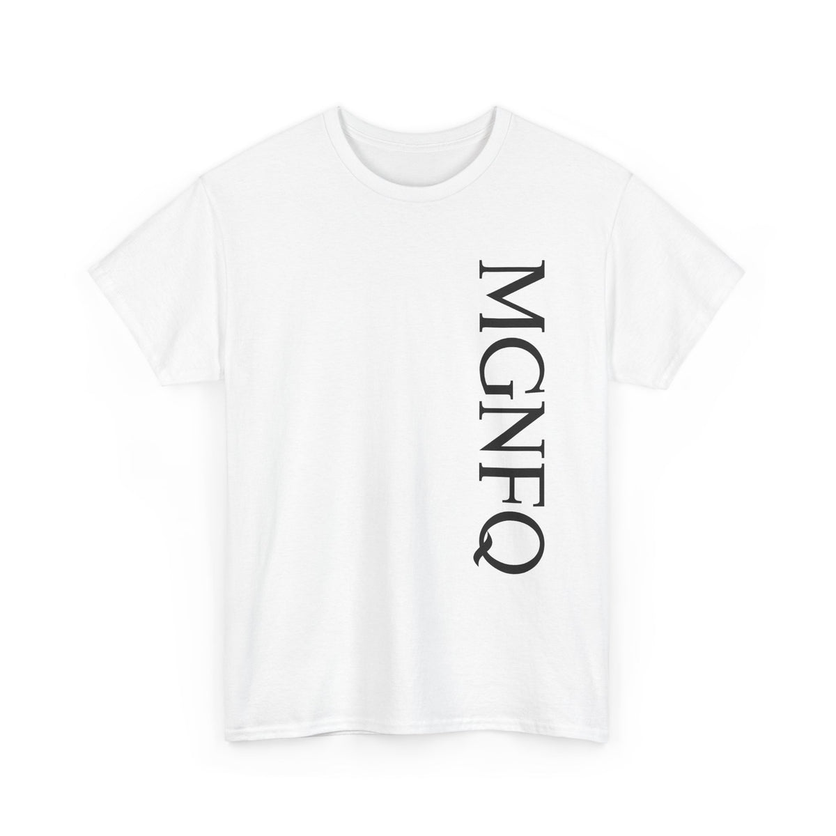 A white short-sleeve crewneck t-shirt featuring the word 'MGNFQ' printed vertically in black serif letters on the left side of the chest, displayed against a solid white background.