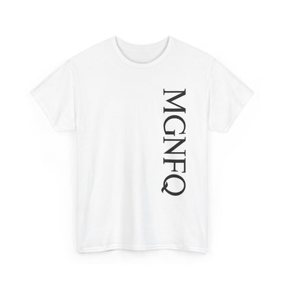 A white short-sleeve crewneck t-shirt featuring the word 'MGNFQ' printed vertically in black serif letters on the left side of the chest, displayed against a solid white background.
