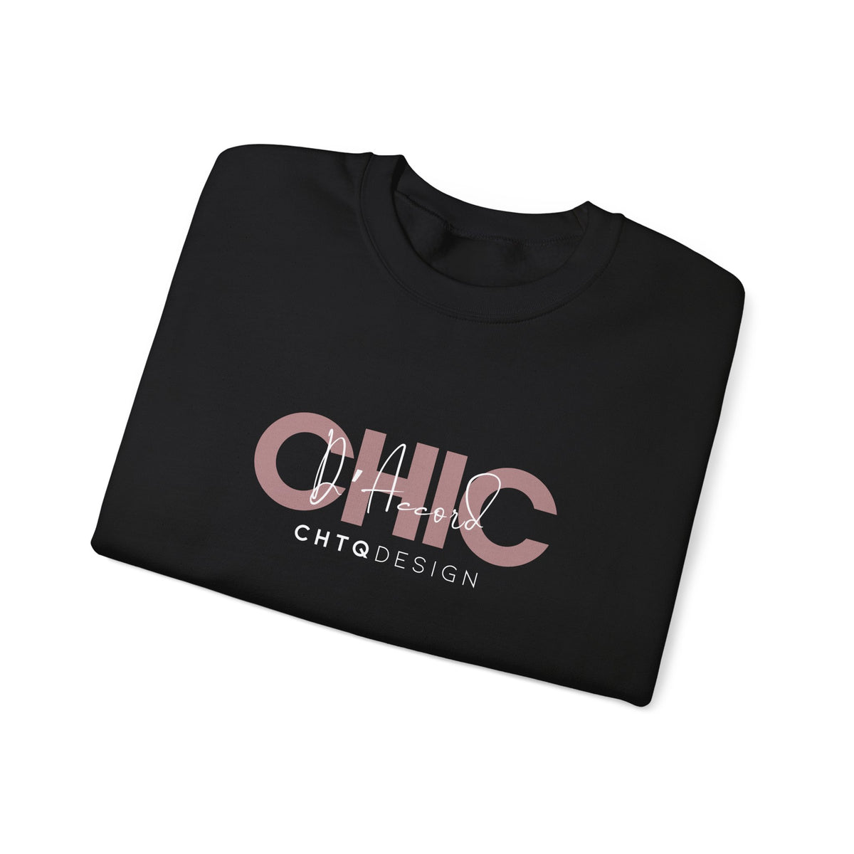 A folded CHIC D’Accord CHTQ Design black crewneck sweatshirt with dusty rose graphic