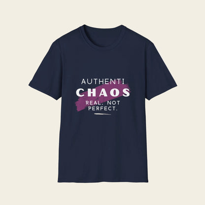 A black short-sleeve crewneck t-shirt with a graphic on the chest that reads 'AUTHENTICHAOS REAL, NOT PERFECT.' in white and purple text over a purple paint-splatter shape.