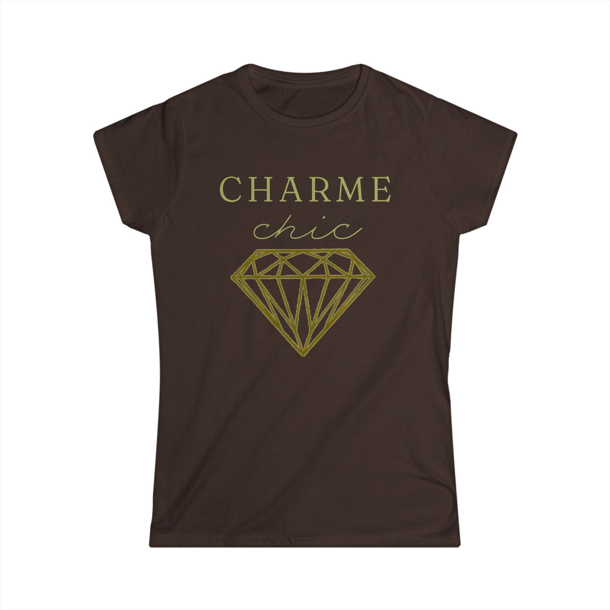 A dark brown short-sleeve t-shirt with a gold graphic print on the front that reads 'CHARME chic' above a large diamond outline, shown on a plain white background.