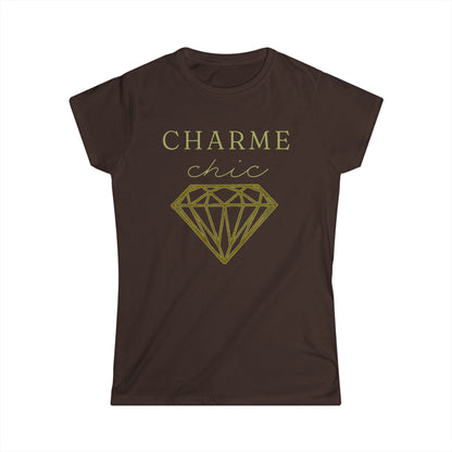 A dark brown short-sleeve t-shirt with a gold graphic print on the front that reads 'CHARME chic' above a large diamond outline, shown on a plain white background.