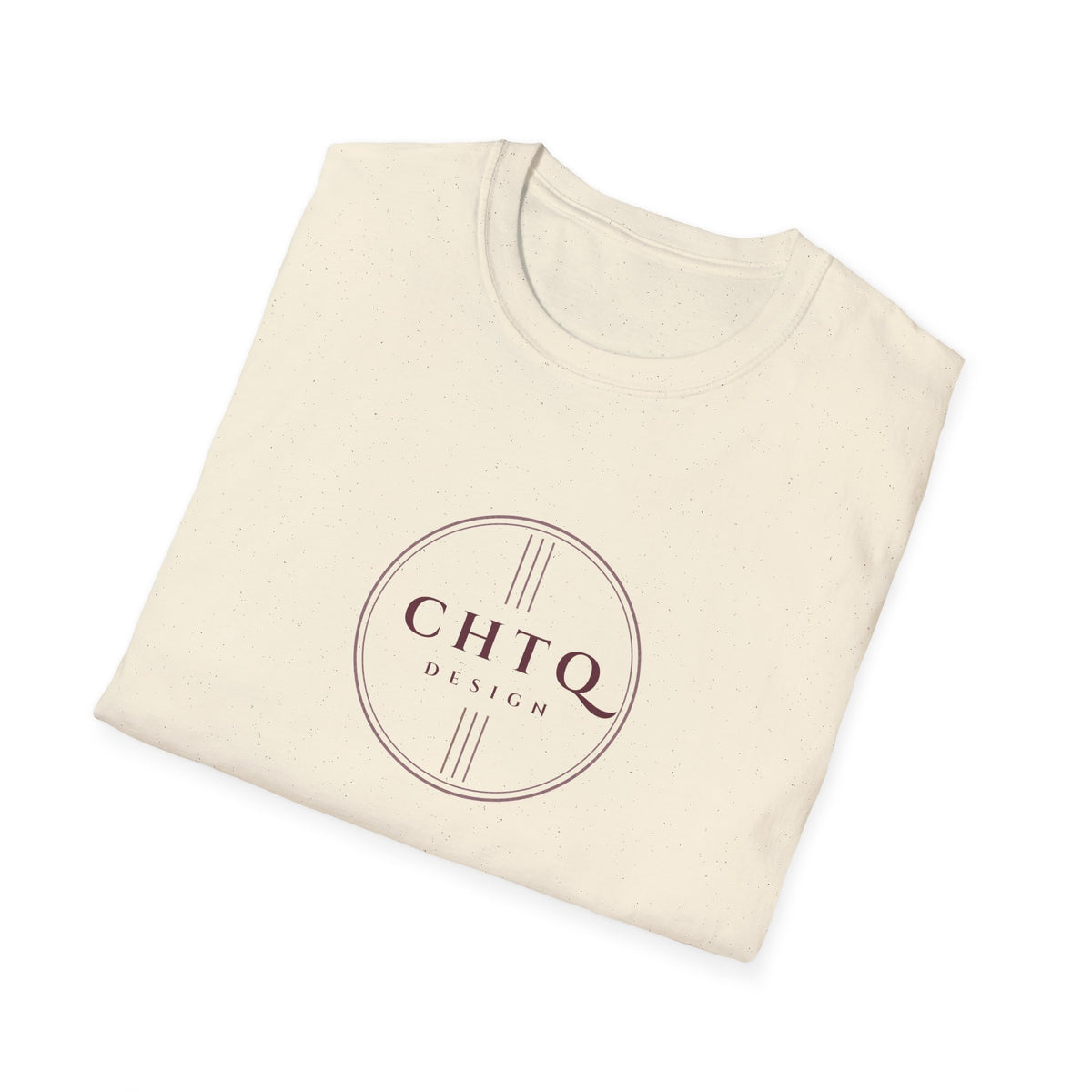 A folded light beige cotton t-shirt with a circular logo printed in a muted plum-brown color on the front, reading 'CHTQ DESIGN'. The t-shirt is photographed at an angle on a clean white background with a soft drop shadow.
