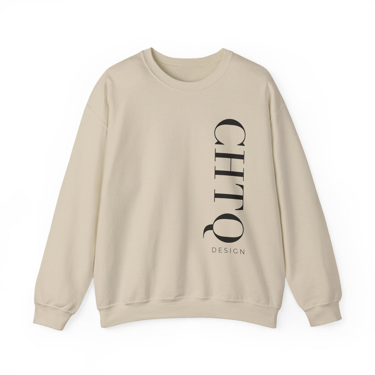 A beige crewneck sweatshirt with a vertical black CHTQ DESIGN graphic on the front, displayed against a clean white background.