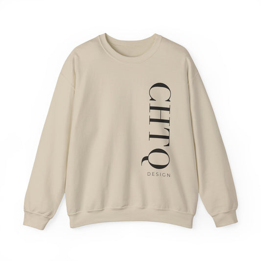 A beige crewneck sweatshirt with a vertical black CHTQ DESIGN graphic on the front, displayed against a clean white background.