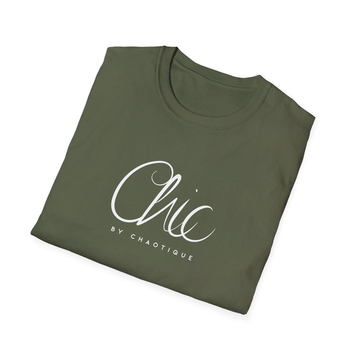 Folded Chic by Chaotique graphic T-shirt in military green with elegant white Chic script lettering on the front.