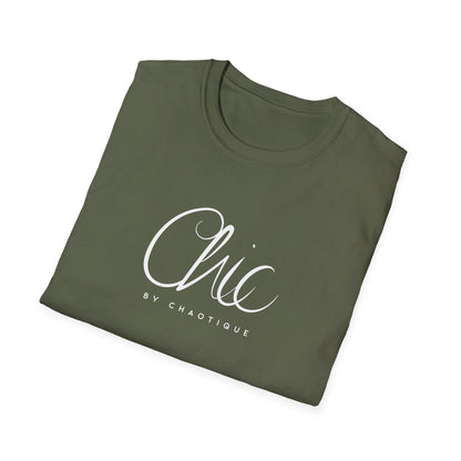 Folded Chic by Chaotique graphic T-shirt in military green with elegant white Chic script lettering on the front.