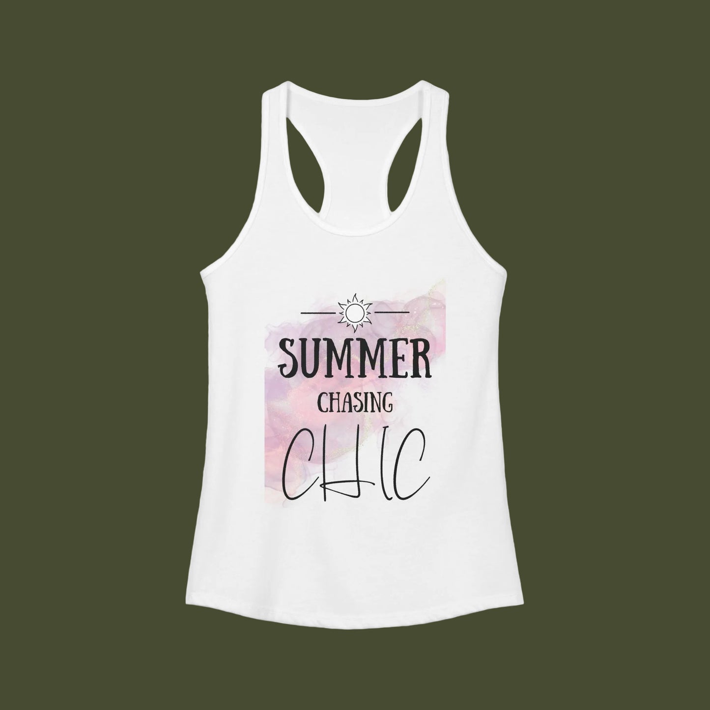 A white racerback tank top with a graphic print on the front that reads 'SUMMER CHASING CHIC' in black lettering over a soft pink and purple watercolor background, shown on a plain white background.