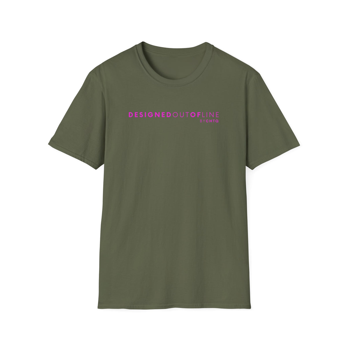 A green short-sleeve crewneck T-shirt with “DESIGNED OUT OF LINE” and “BY CHTQ” printed in pink across the chest, displayed on a clean white background.