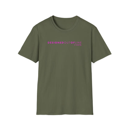 A green short-sleeve crewneck T-shirt with “DESIGNED OUT OF LINE” and “BY CHTQ” printed in pink across the chest, displayed on a clean white background.
