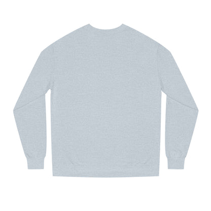 Backview of Male model wearing a black D’Accord BEAU men's crewneck sweatshirt with cream typography and black trousers against a white studio background.