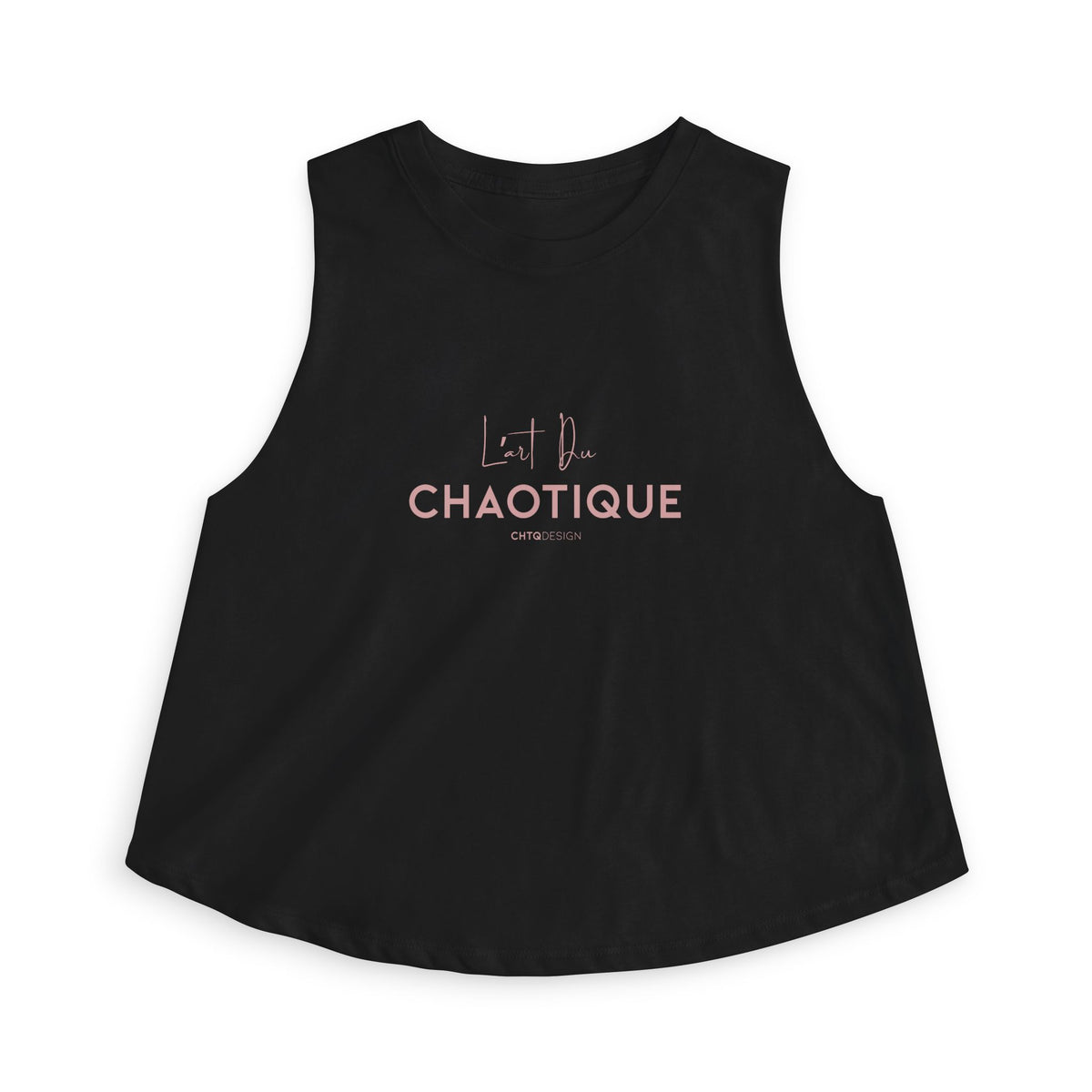 Black sleeveless crop top tank with 'L'Art du Chaotique' text on a white background