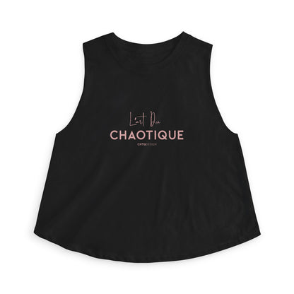 Black sleeveless crop top tank with 'L'Art du Chaotique' text on a white background