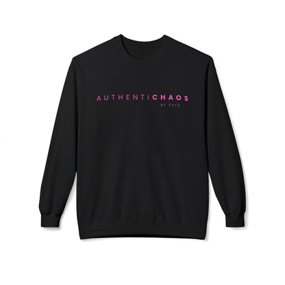 Black AuthentiCHAOS graphic sweatshirt with pink typography and BY CHTQ detail on the front.