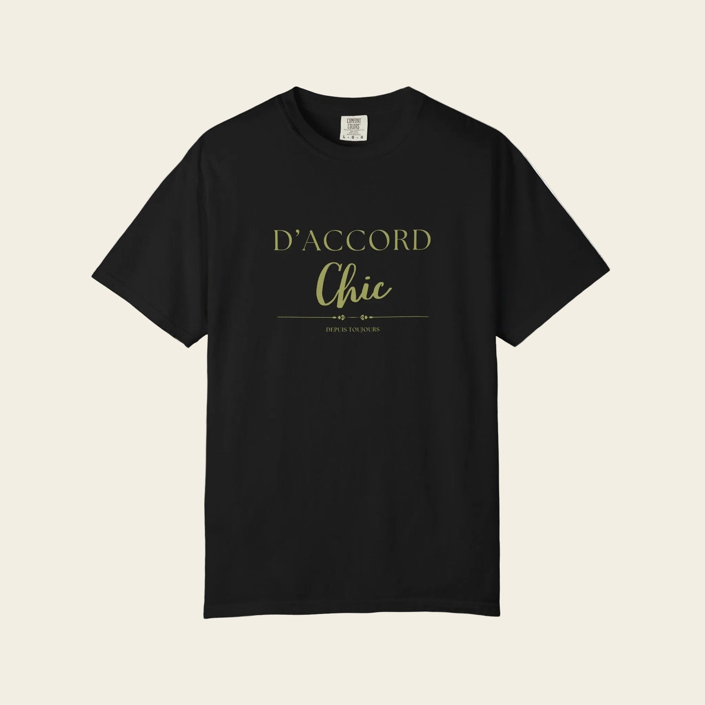 Black t-shirt with white text 'D'ACCORD chis' on a white background