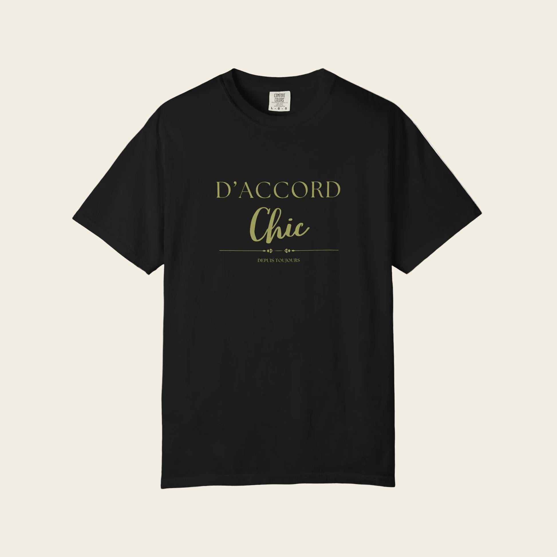 Black t-shirt with white text 'D'ACCORD chis' on a white background