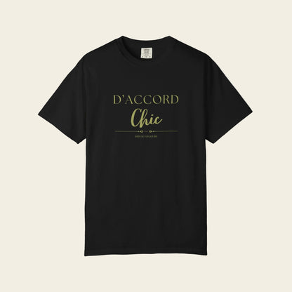 Black t-shirt with white text 'D'ACCORD chis' on a white background