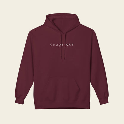 Maroon hoodie with 'Chaotique Beau' text on a white background